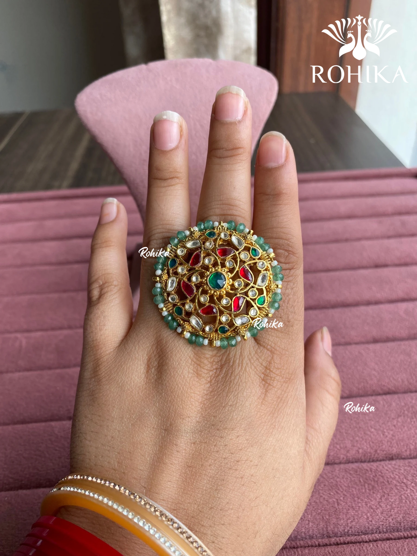 Padmini pachhi kundan ring (SG-156) - Mint Green - Rohika stone