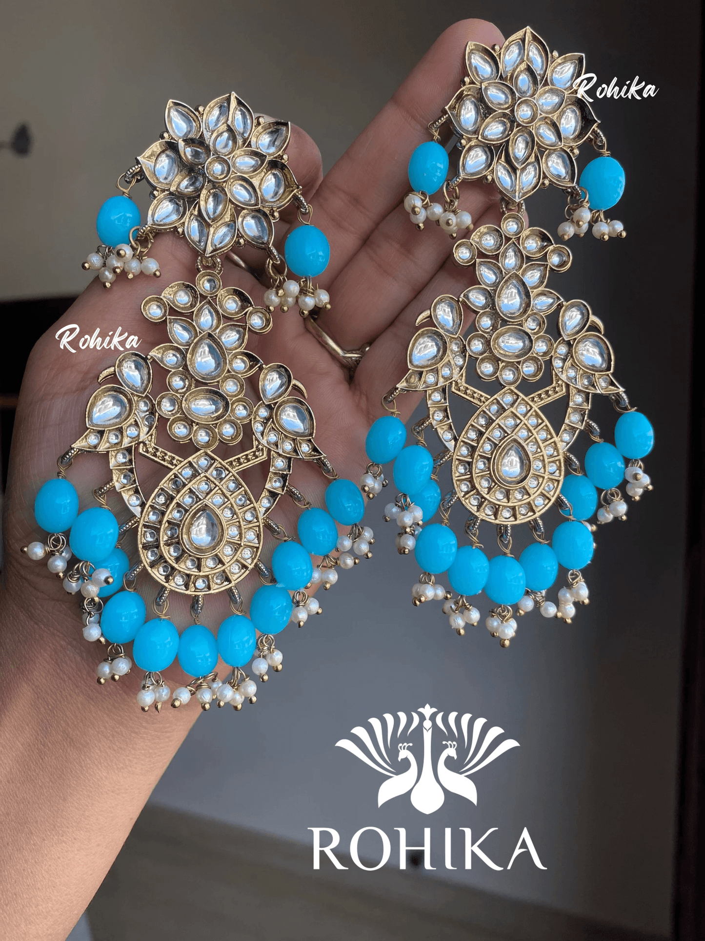 Anupama kundan earrings - Blue - Rohika Store