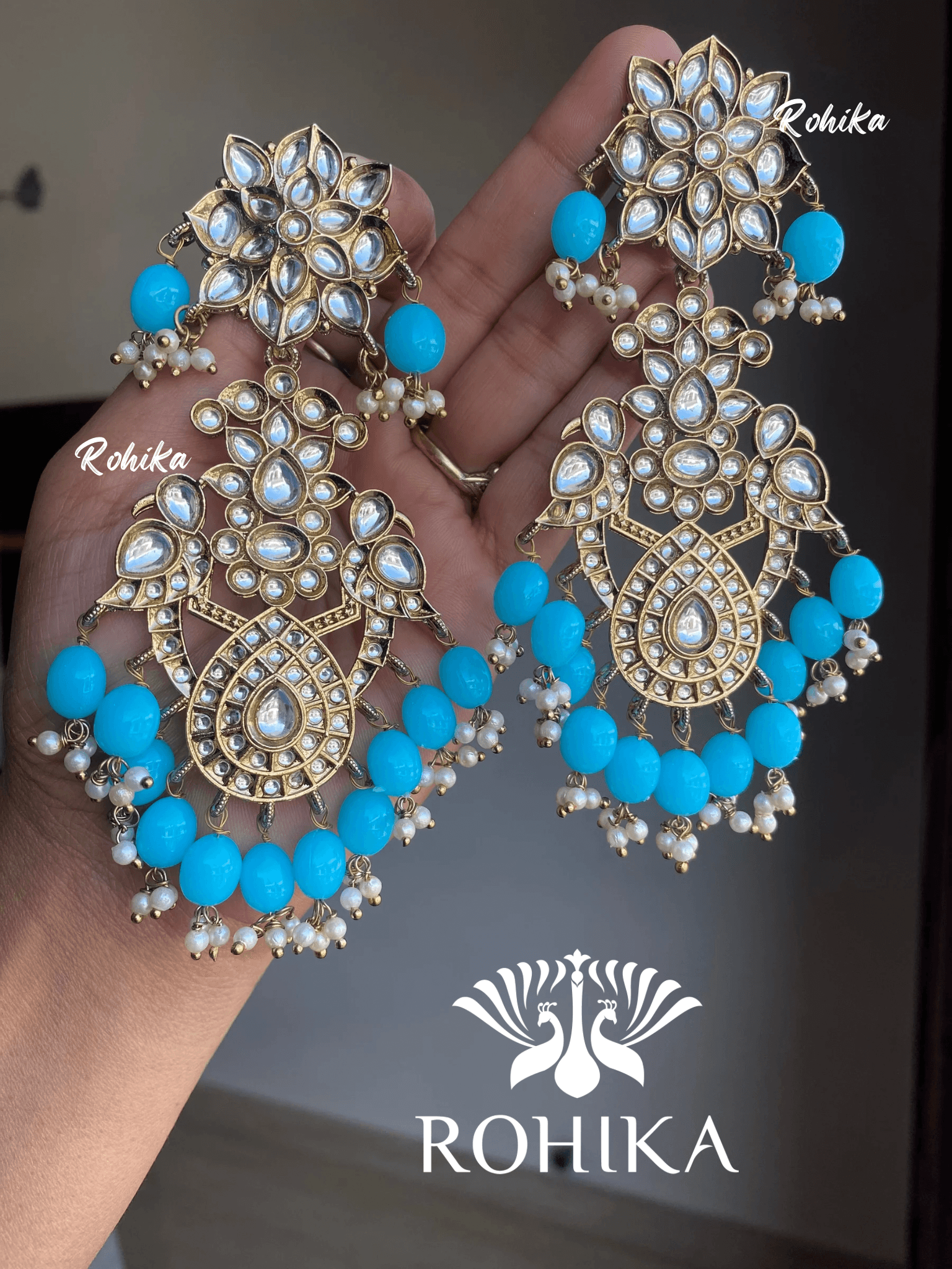Anupama kundan earrings - Blue - Rohika Store