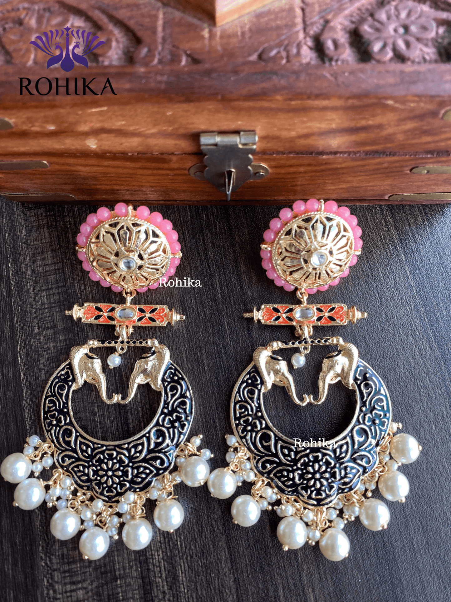 Gaja meenakari earrings - Black - Rohika Store