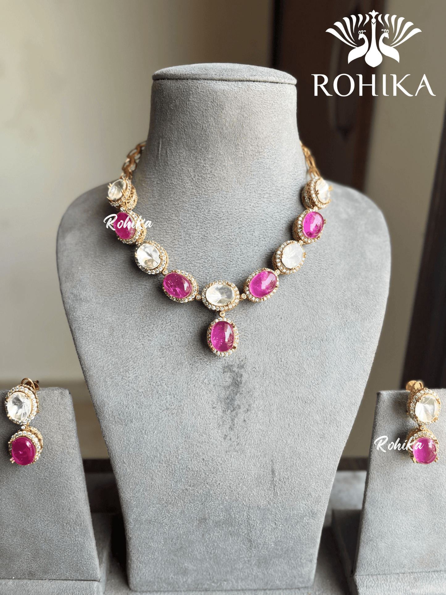 Sona moisanite doublet necklace set - Pink - Rohika Store