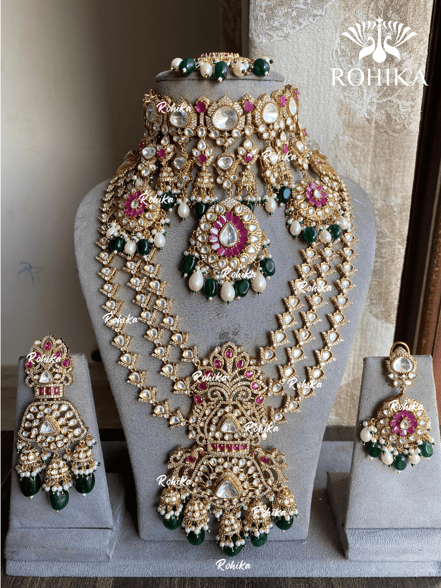 Priksha moisanite polki kundan bridal combo set - Green and Ruby - Rohika Store