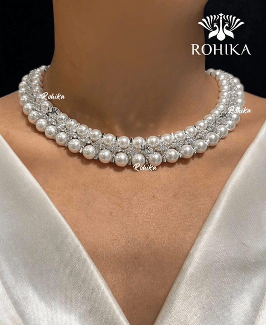 Alicia american diamond necklace set - White - Rohika Store