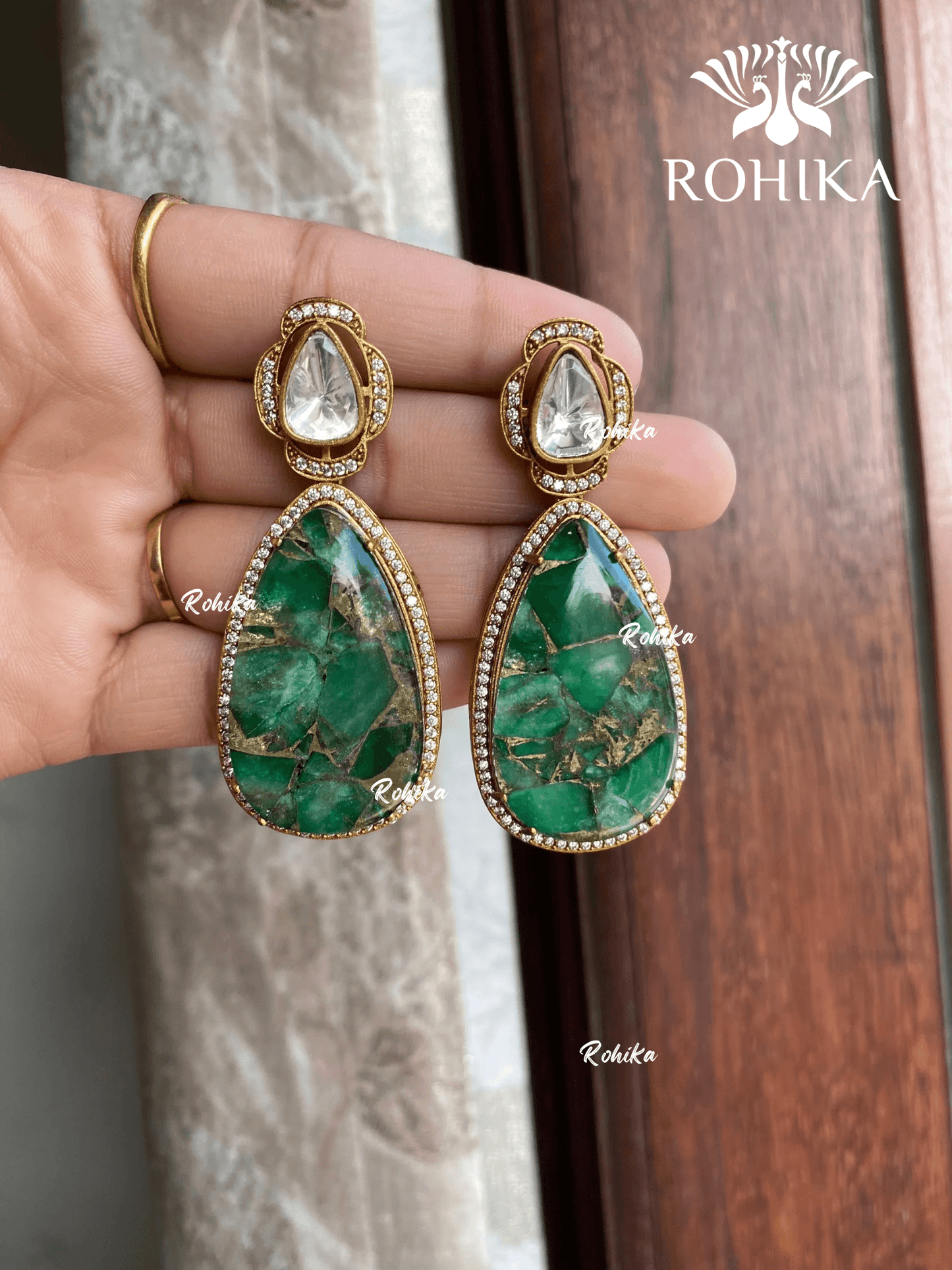 Polki kundan earrings (M-014) - Green - Rohika Store
