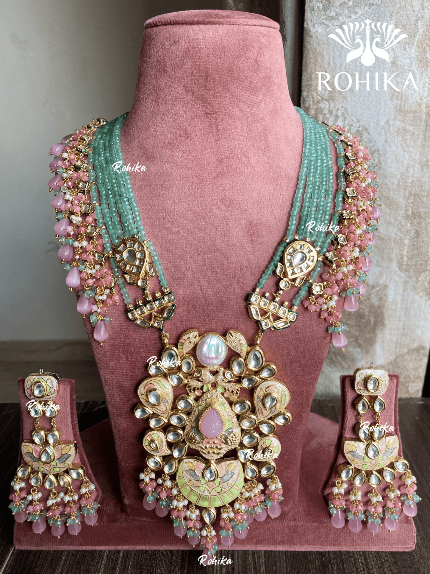 Divya meenakari kundan long necklace set - Mint green & pink - Rohika Store