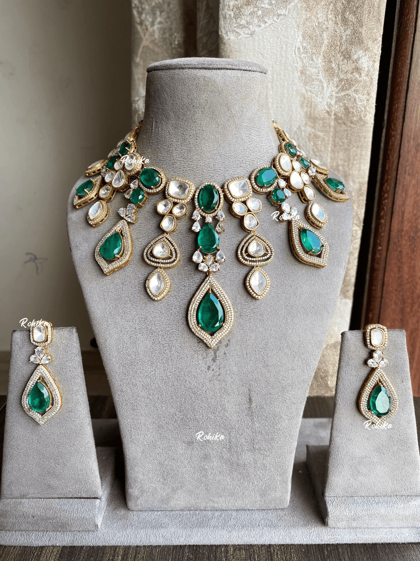 Sahas doublet kundan necklace set - Dark green - Rohika Store