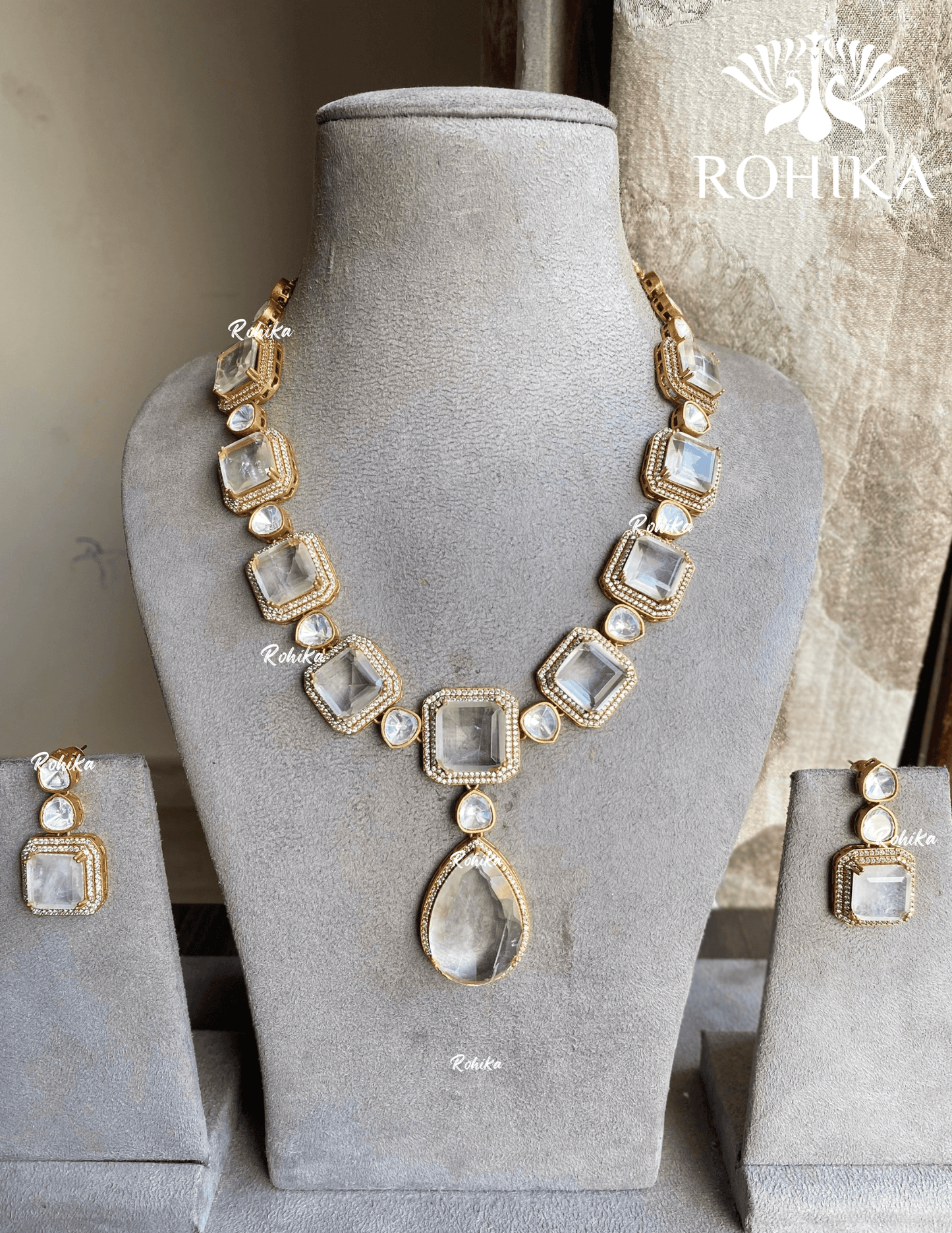 Surahi doublets polki kundan necklace set - White - Rohika Store