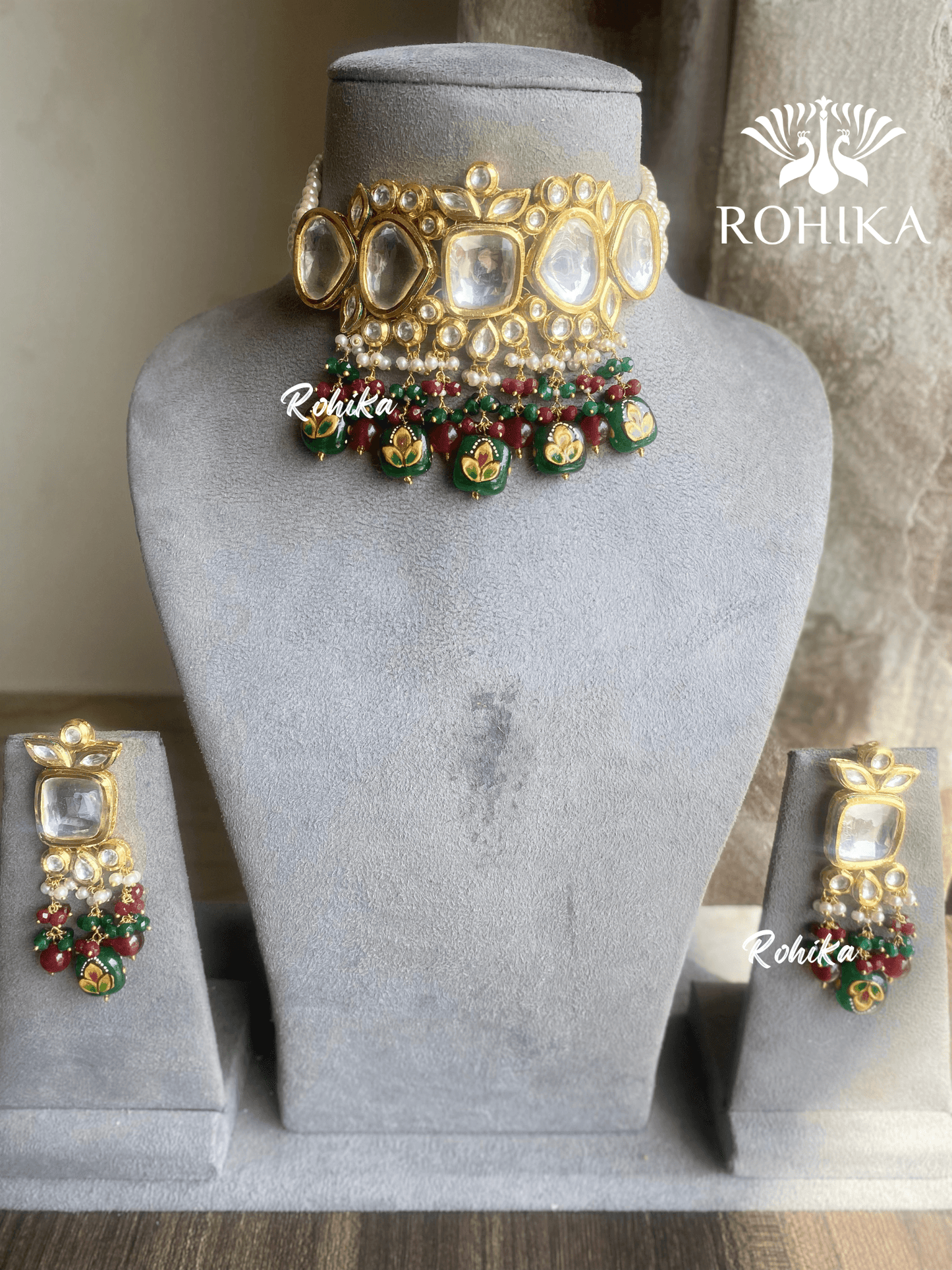 Lavanya kundan choker set - Dark Green - Rohika Store