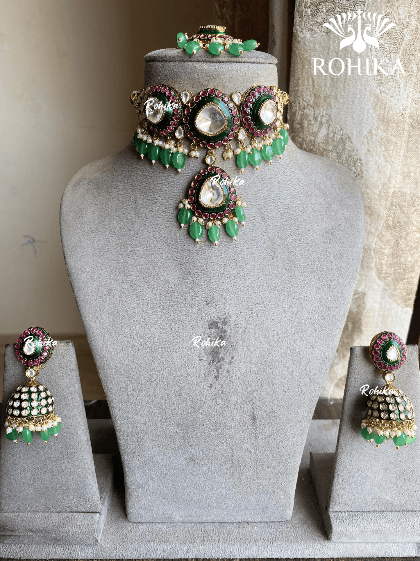 Kajal bikaneri kundan choker set - Green - Rohika Store