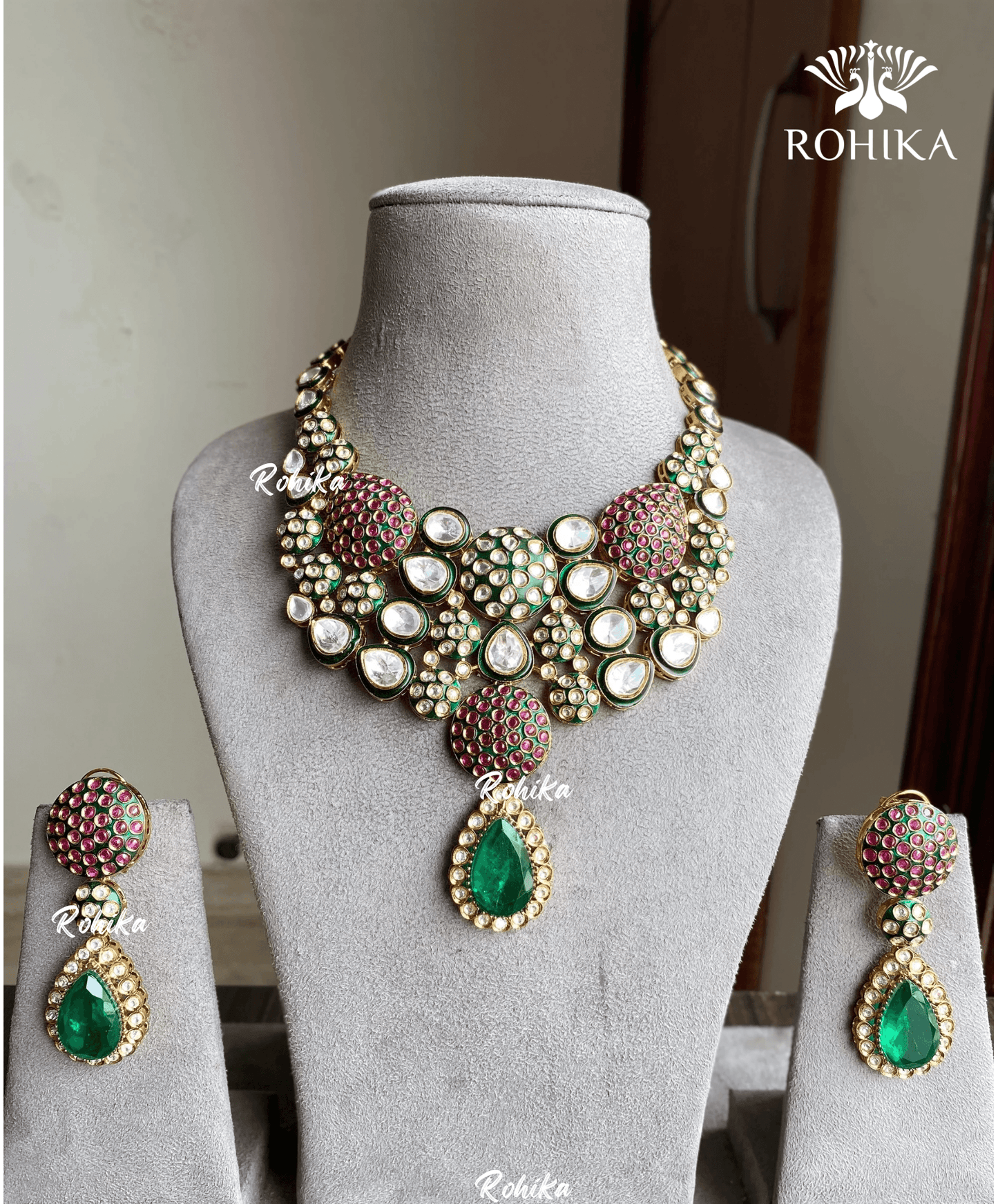 Mahika kundan necklace set - Green - Rohika Store