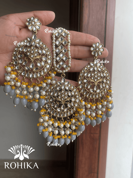 Sapna earrings and maangtikka combo - Grey - Rohika Store