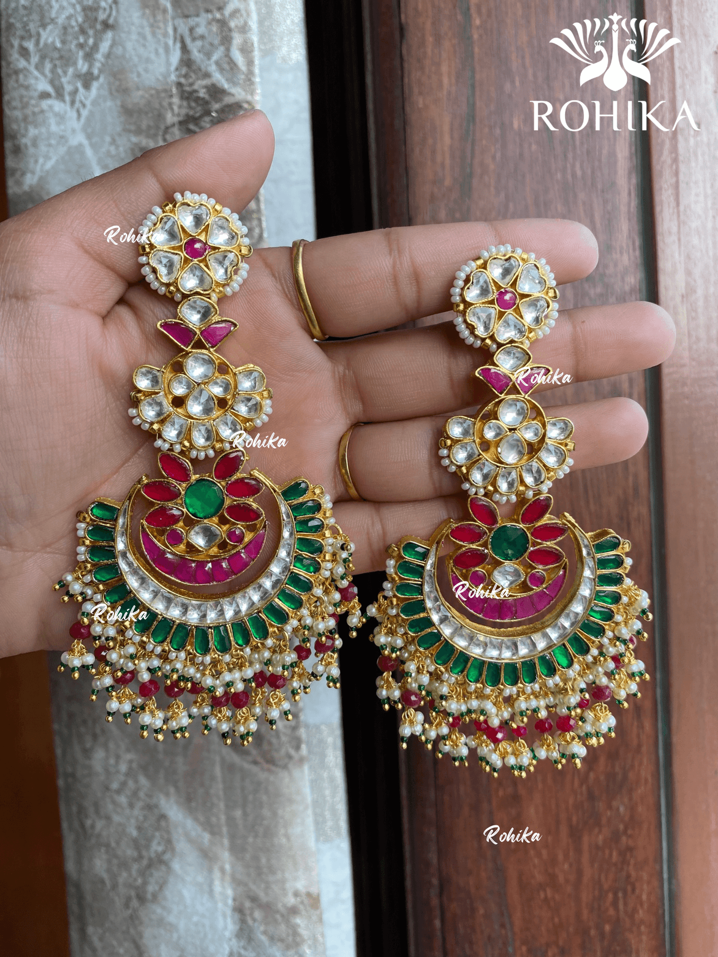 Parini pachhi kundan earrings (PKJ010) - Green & pink - Rohika Store