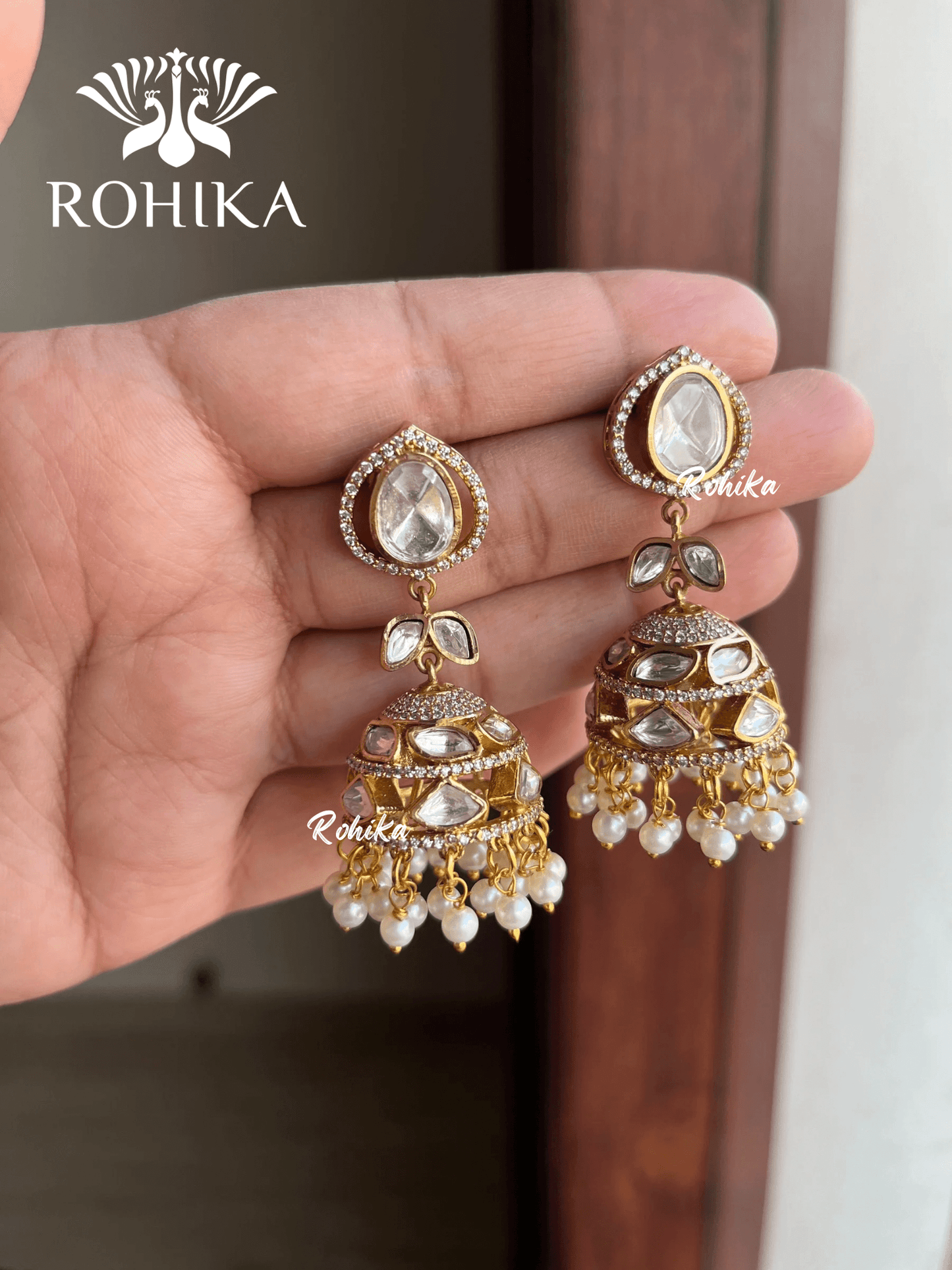 Nimra polki kundan jhumka earrings - Golden - Rohika Store