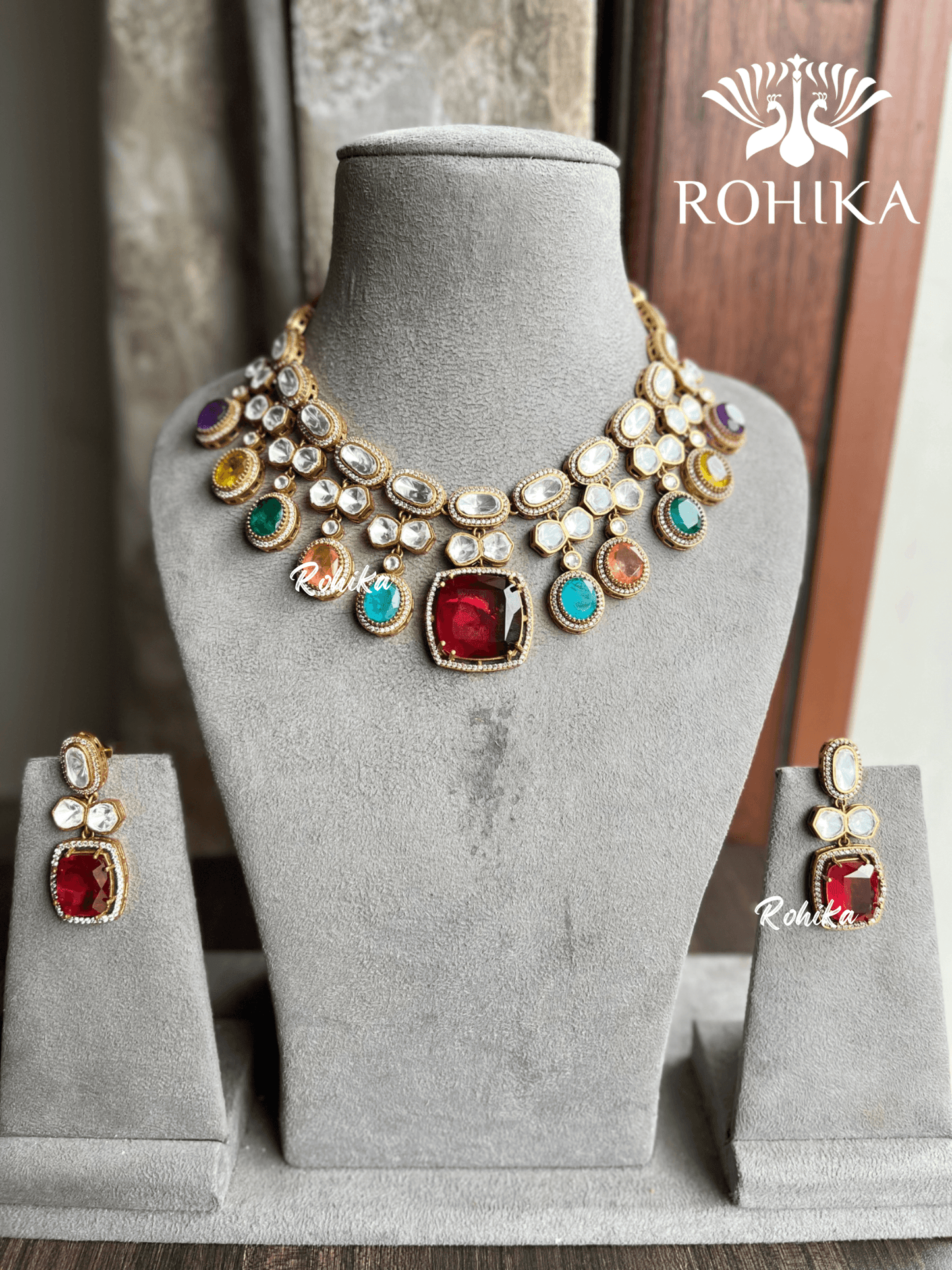 Saras doublet kundan necklace set - Multi colour - Rohika Store