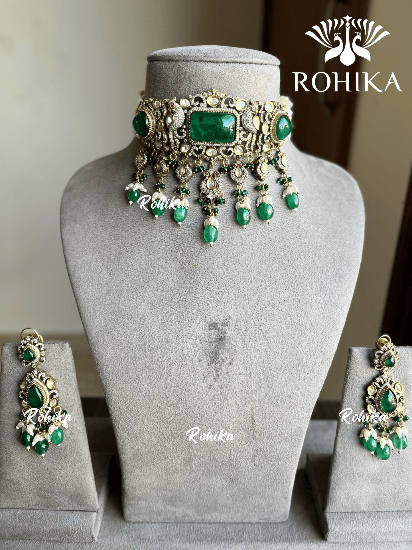 Radha doublet victorian choker set - Dark green - Rohika Store