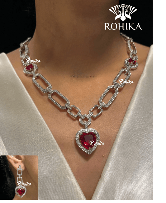 Keyla american diamond necklace set - Red - Rohika Store