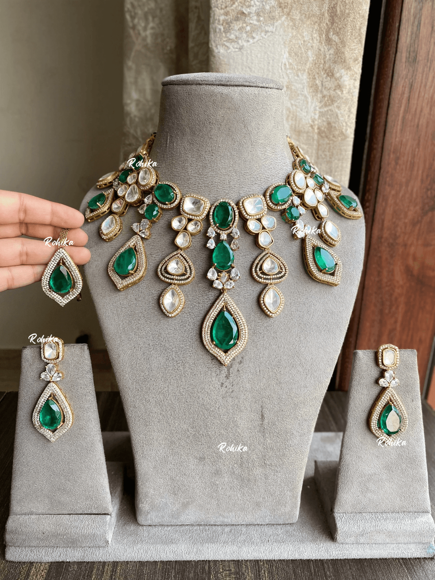 Sahas doublet kundan necklace set - Dark green - Rohika Store