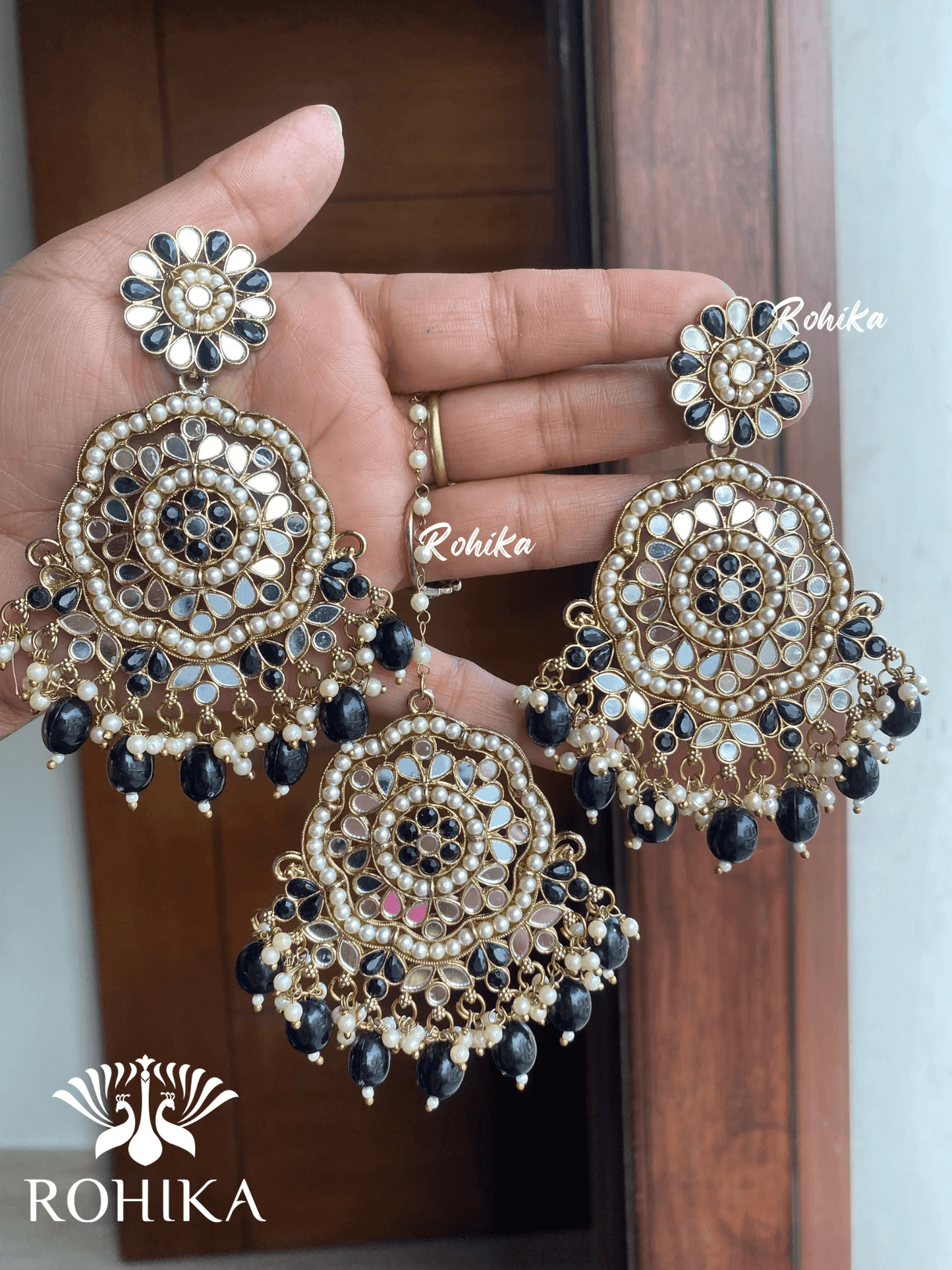 Rashi mirror earrings tikka combo - Black - Rohika Store