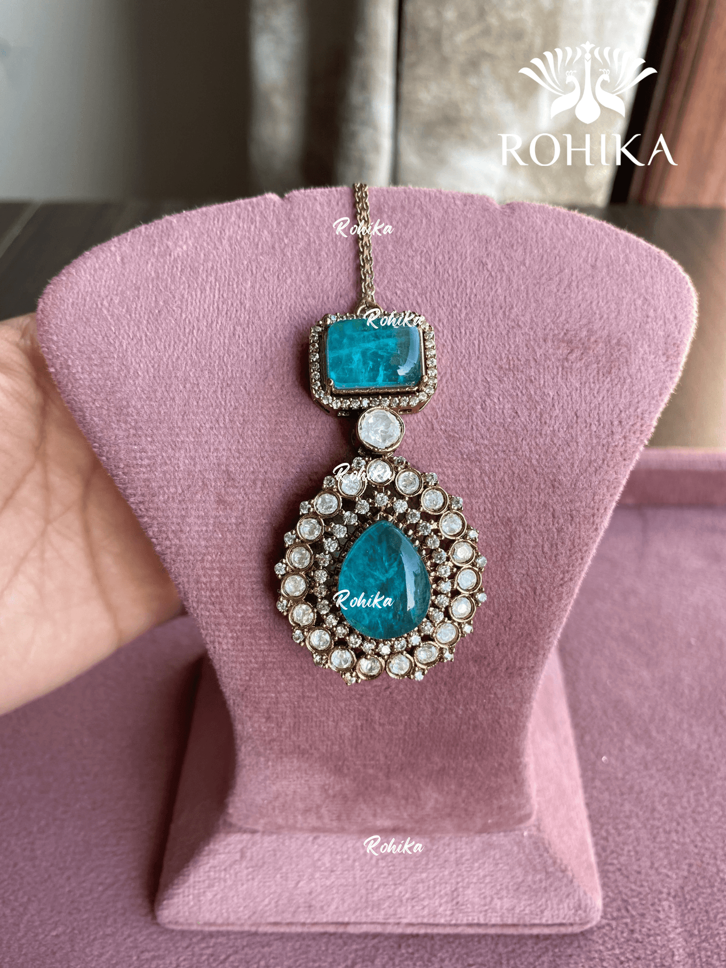 Lina doublet stone maangtikka - Mint Green - Rohika Store