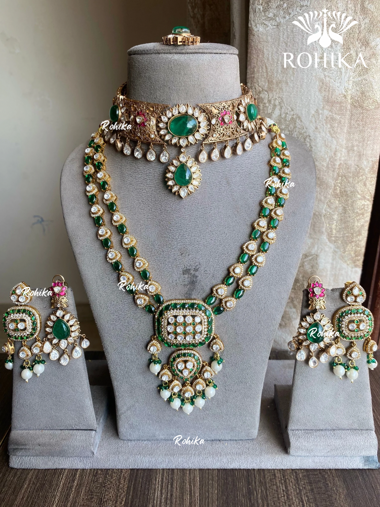 Saraswati polki kundan combo set - Dark Green - Rohika store