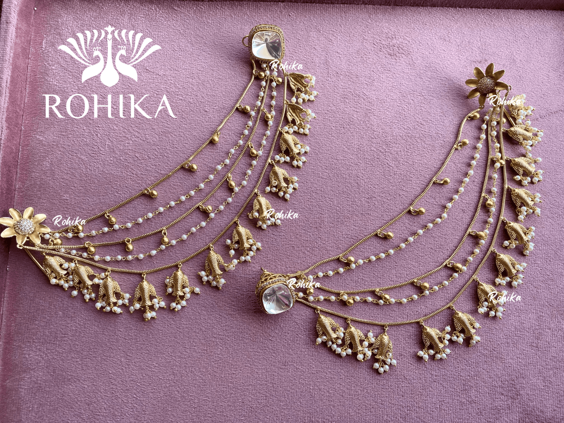 Piya polki kundan earrings with earchains- Golden - Rohika Store