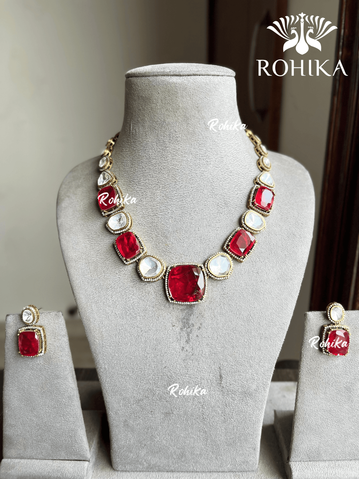 Soha doublet necklace set - Red - Rohika Store