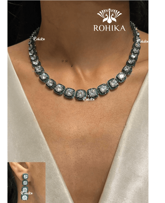 American diamond necklace set (ADN -003) - Dark green - Rohika Store
