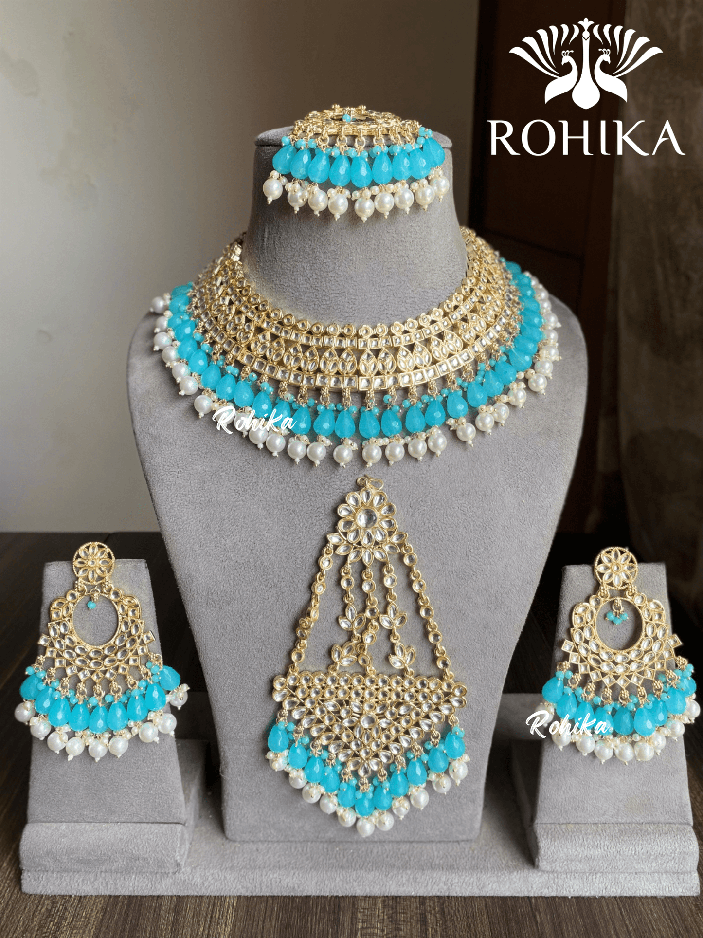 Shabana dabi Kundan semi-bridal necklace set - Blue - Rohika Store