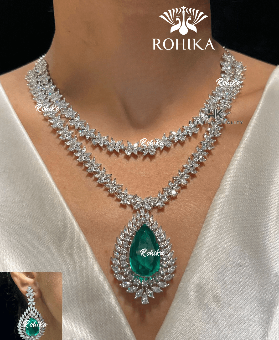 Leona american diamond necklace set - Green - Rohika Store