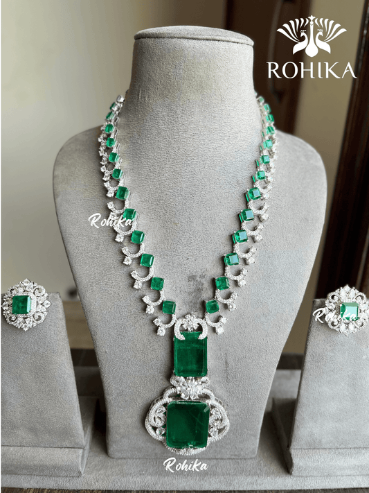 Nita American diamond necklace set - Dark green - Rohika Store