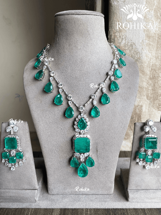 Amba doublets american diamond necklace set - Dark green - Rohika Store