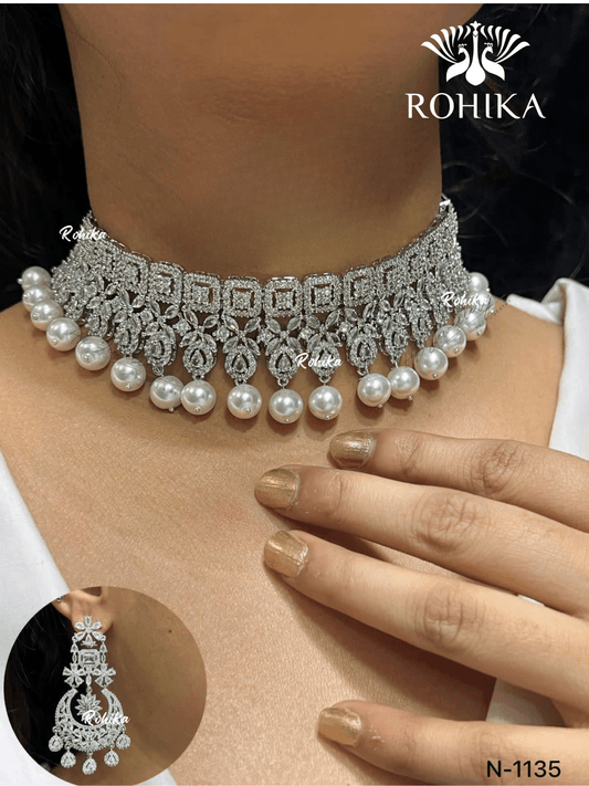 American diamond choker set (ADN -017) - White - Rohika Store