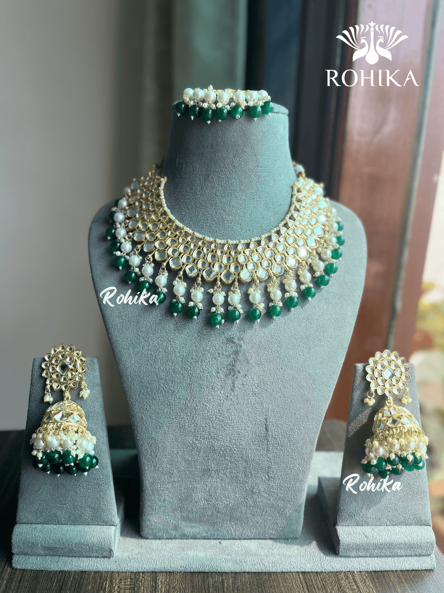 Payal dabi Kundan necklace set - Green - Rohika Store