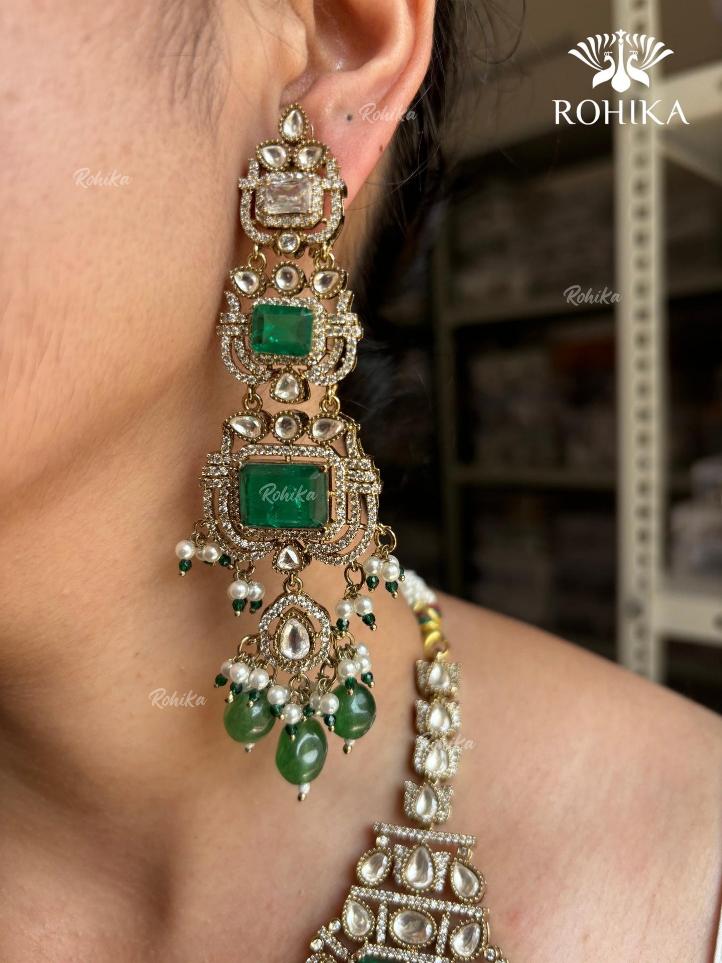 Alani Polki Kundan Long Bridal Necklace Set - Dark Green