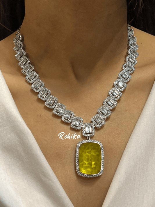 Olive american diamond necklace set - Yellow - Rohika Store