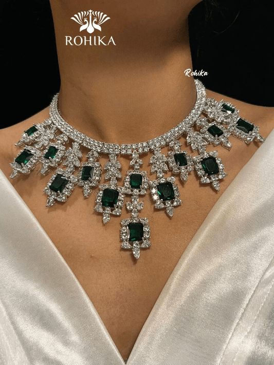 Bella american diamond necklace set -Dark Green - Rohika Store