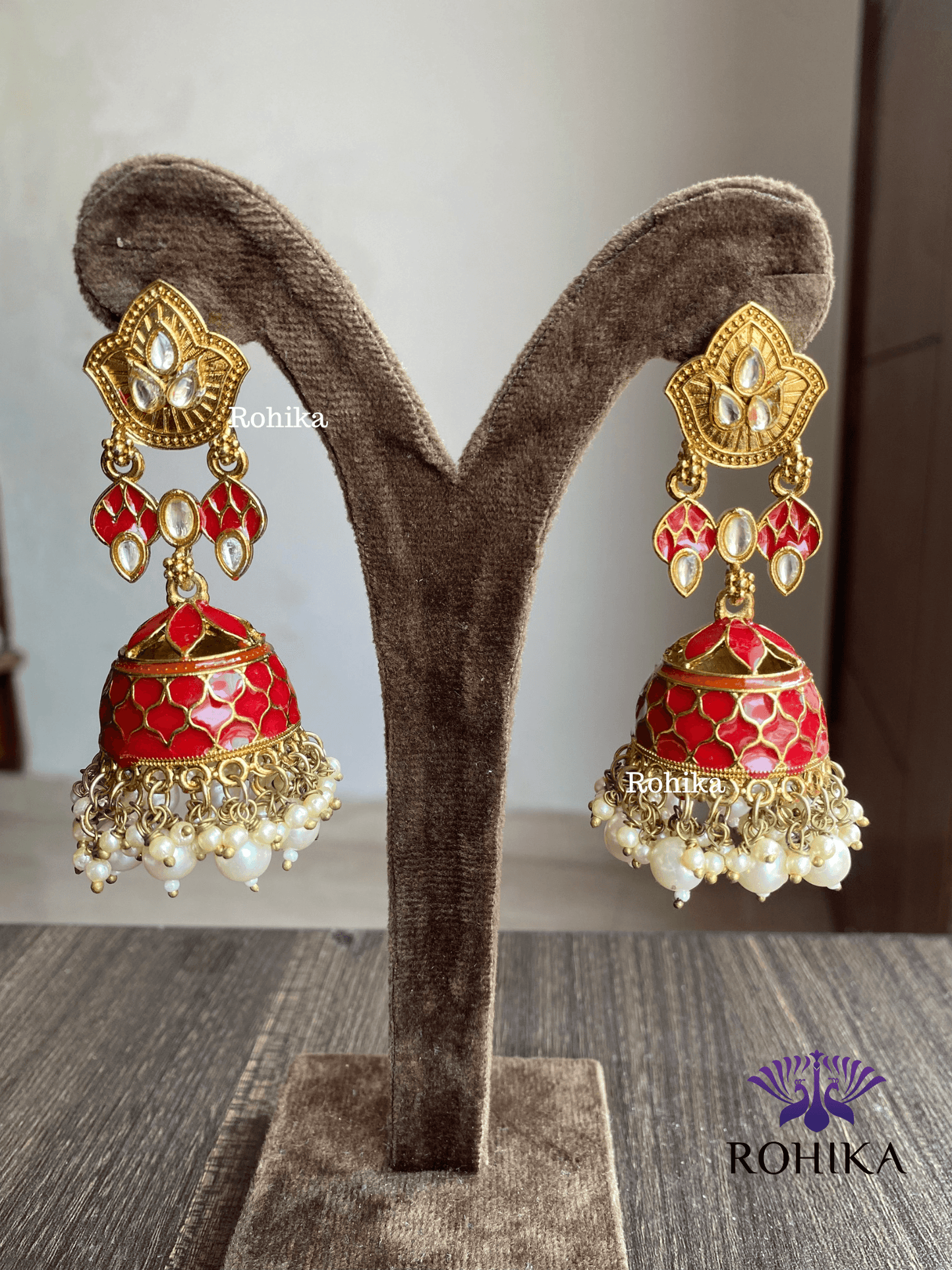 Blossom meenakari jhumka - Red - Rohika Store