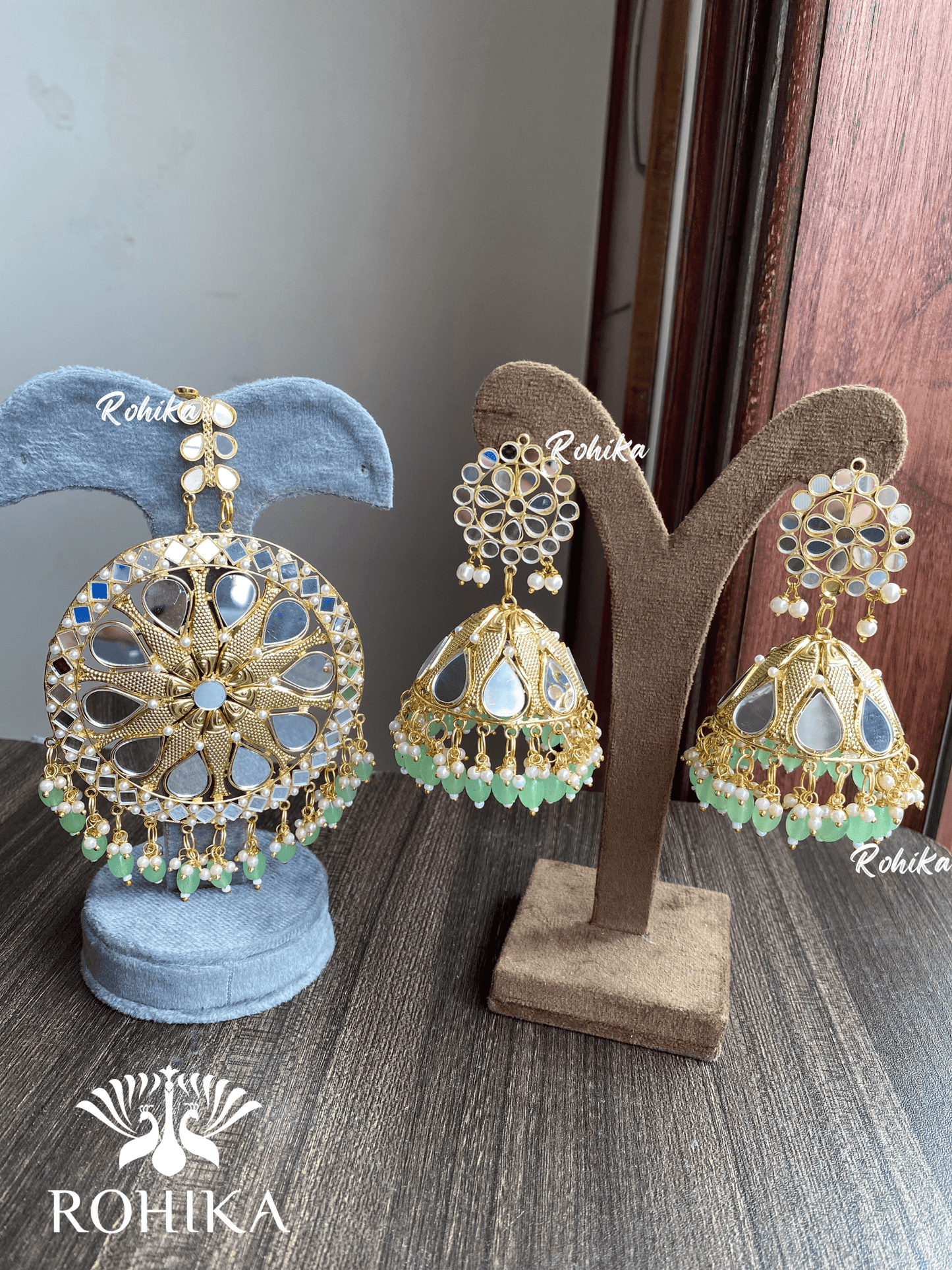 XXL mirror maangtikka with earrings - Green - Rohika Store