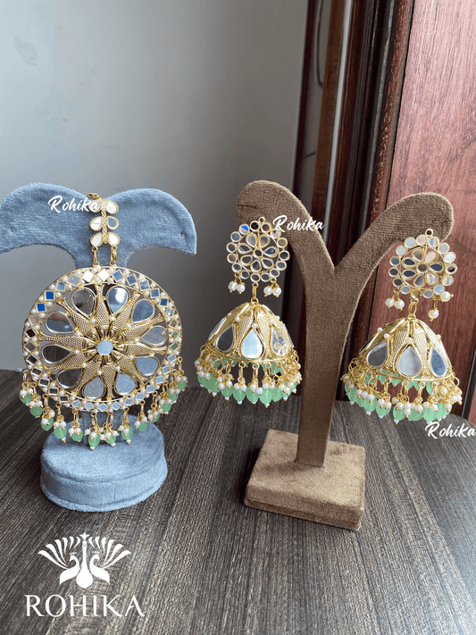 XXL mirror maangtikka with earrings - Green - Rohika Store