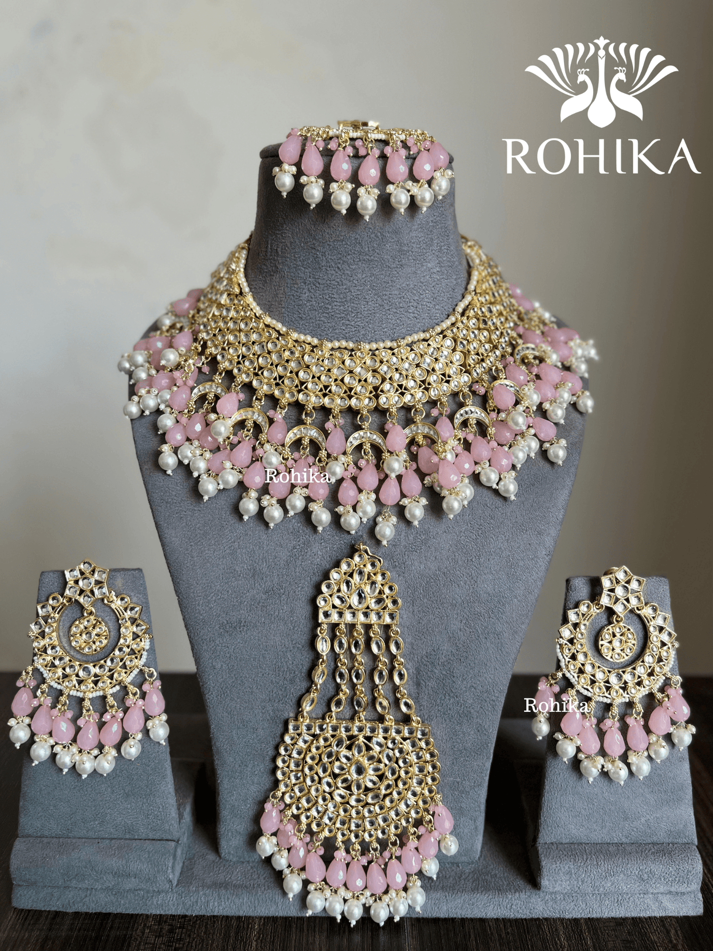Shaheen Dabi Kundan bridal necklace set - Light Pink - Rohika Store