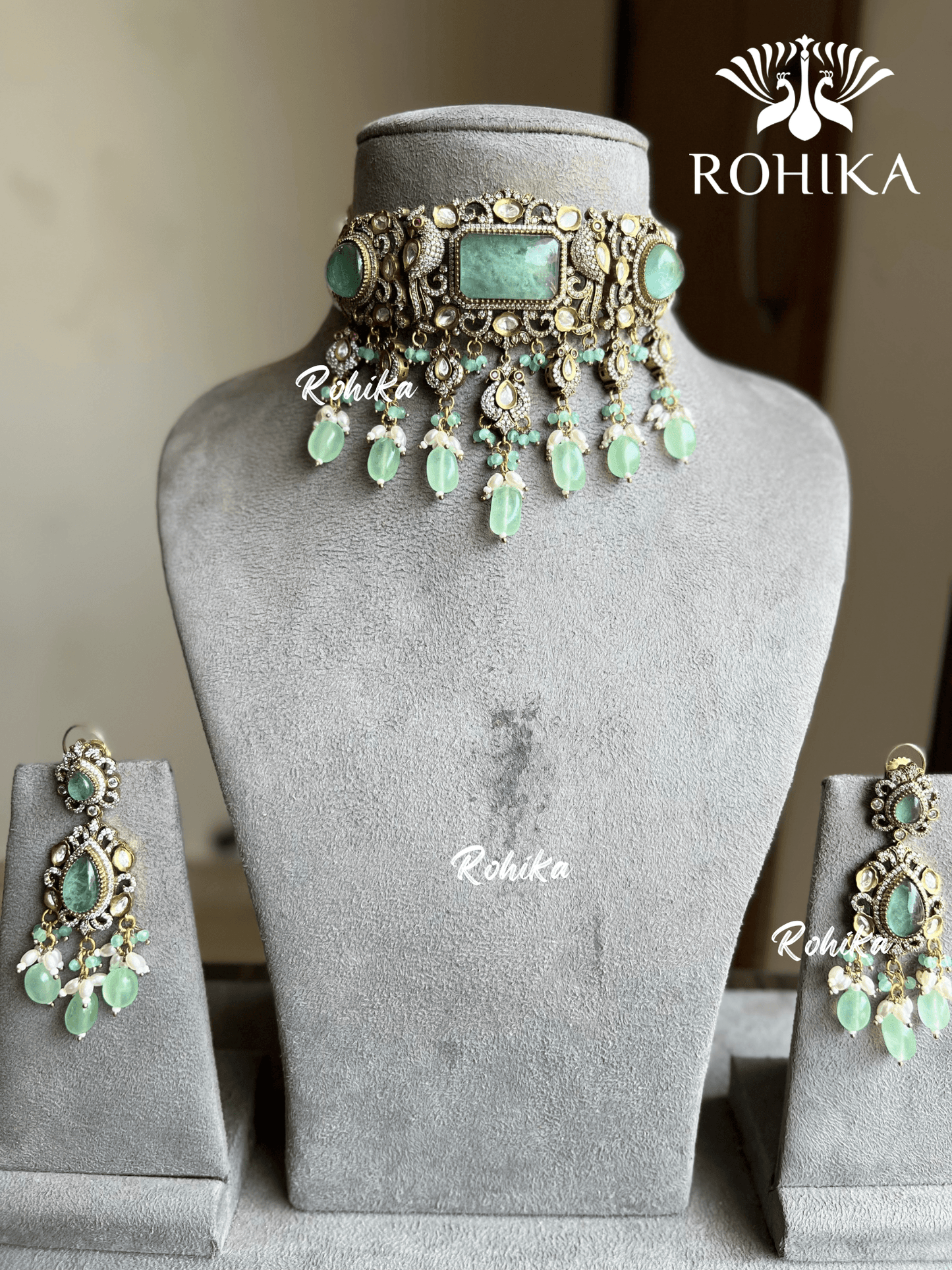 Radha doublet victorian choker set - Mint green - Rohika Store