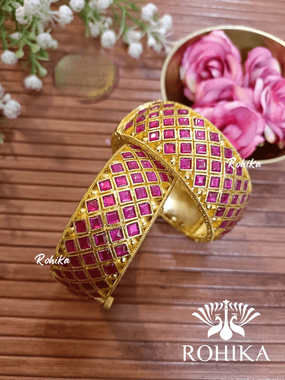 Pachhi kundan bangles - Pink (pkb007-P) - Rohika Store