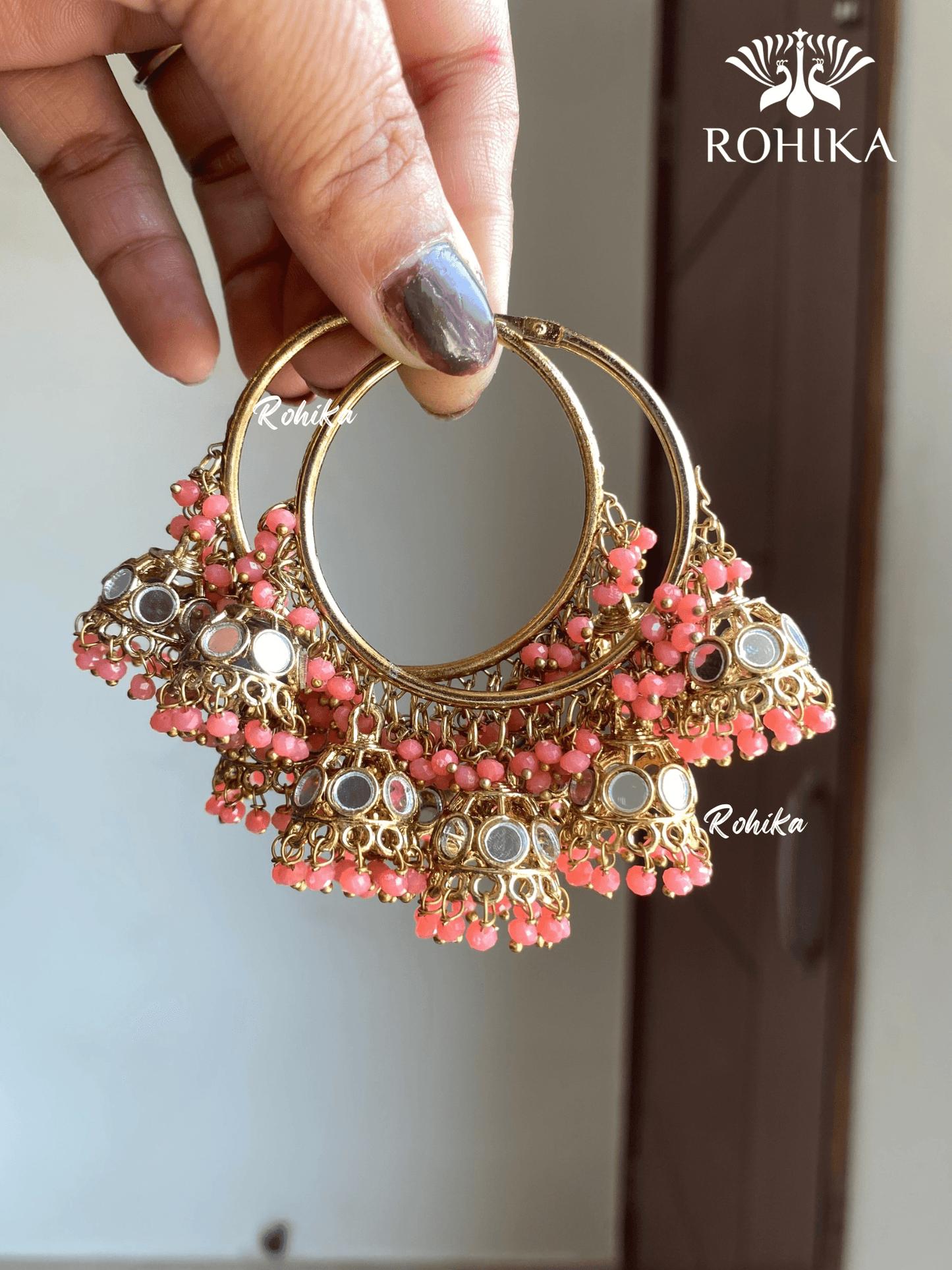 Leena mirror jhumki bali earrings - Dark peach - Rohika Store