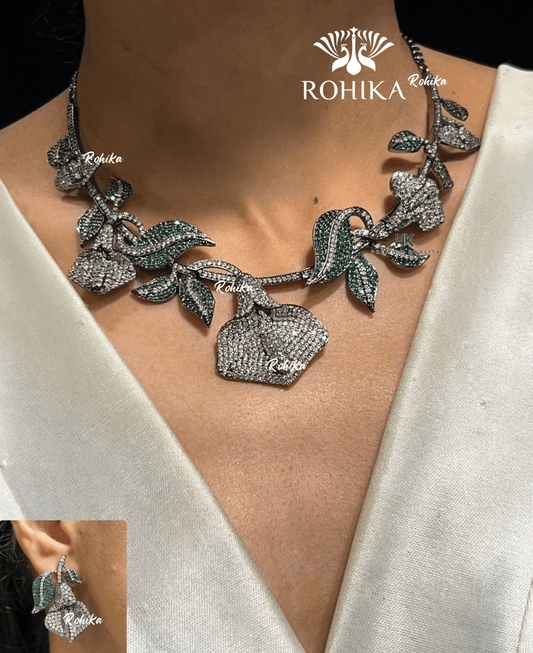 American diamond necklace set (ADN -008) - Dark green - Rohika Store