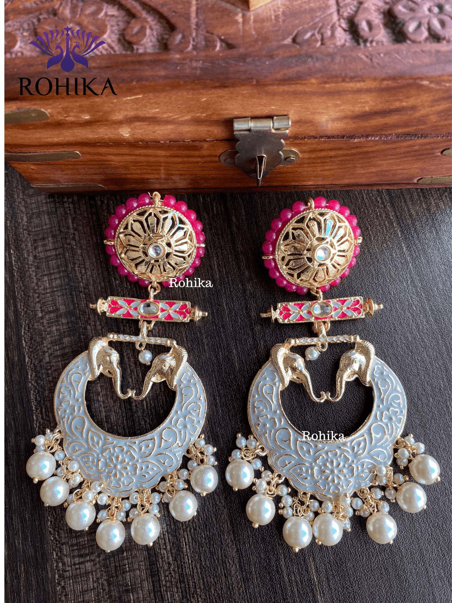 Gaja meenakari earrings - Grey - Rohika Store