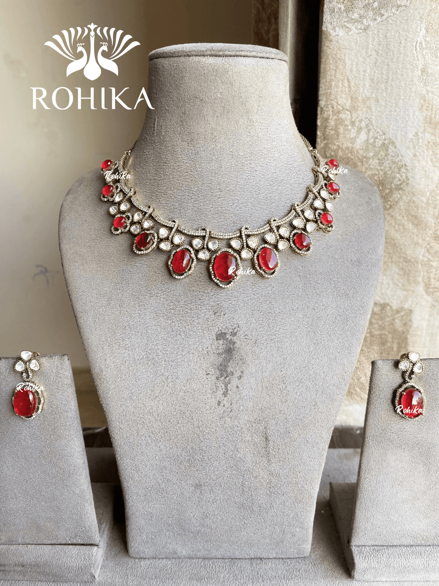 Neema polki kundan necklace set - Red - Rohika Store