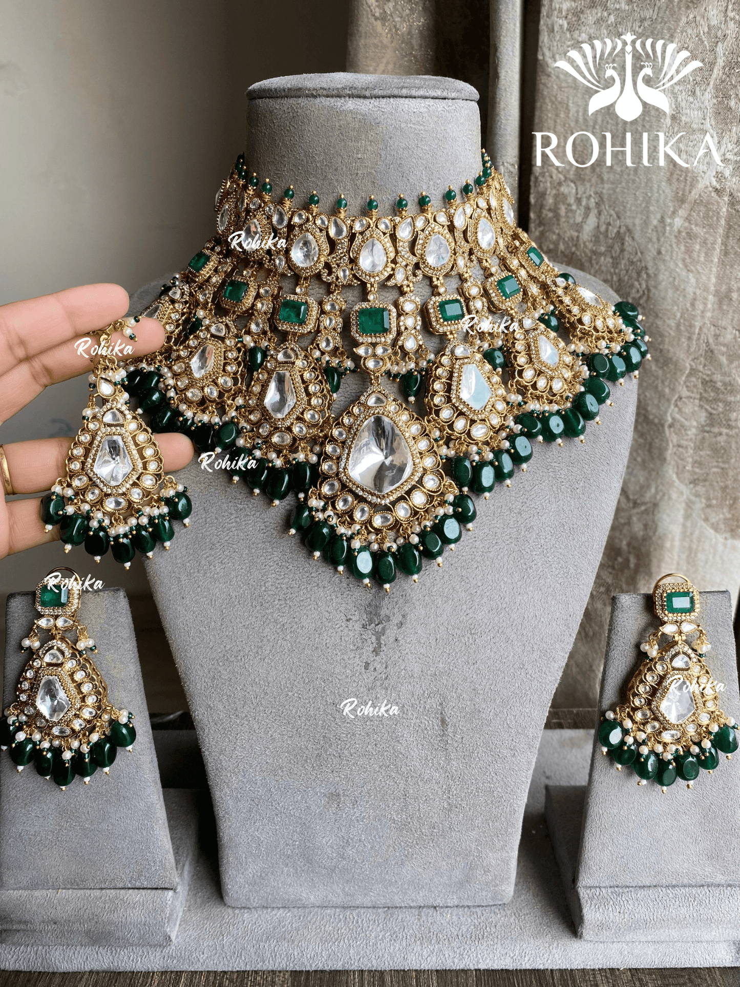 Indrani moisanite bridal necklace set - Dark Green - Rohika Store