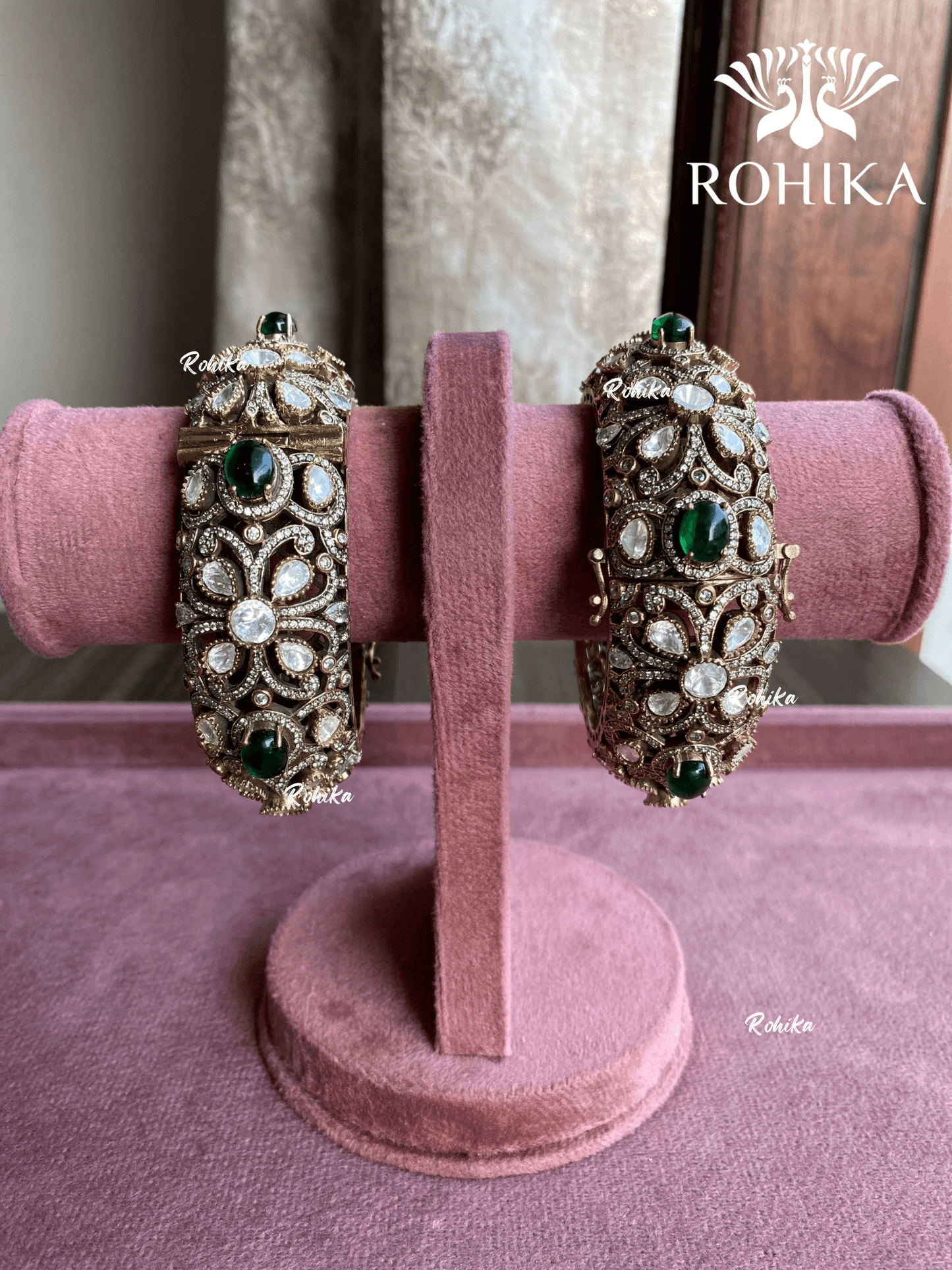 Mausami moisinite kundan kada/bangles - Green - Rohika Store