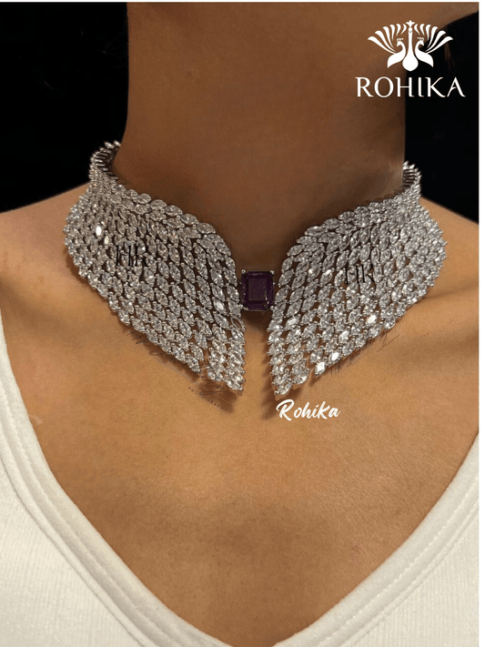 Angel american diamond necklace set - Purple - Rohika Store