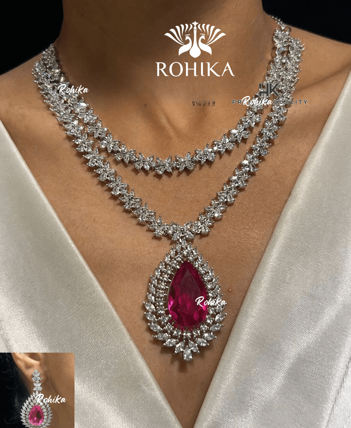 Leona american diamond necklace set - Dark pink - Rohika Store